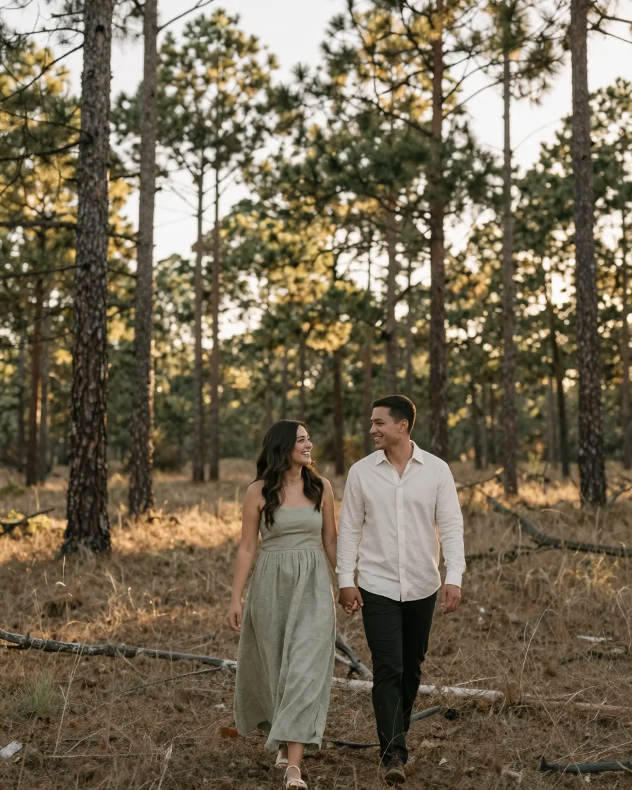 A couple in linen walking hand in hand through tall pines at golden hour in The Woodlands