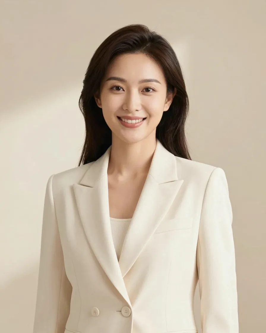 Professional headshot of a smiling woman in a cream blazer against a warm neutral backdrop