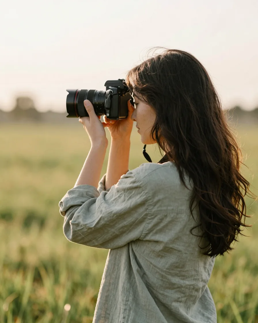 A photographer with long dark hair raising her camera in a sunlit meadow at golden hour