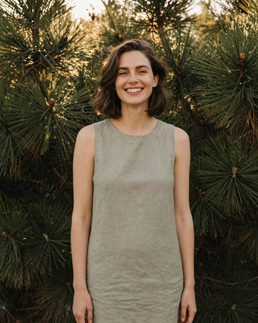 Portrait of a smiling woman in a sage linen dress among pine branches at golden hour