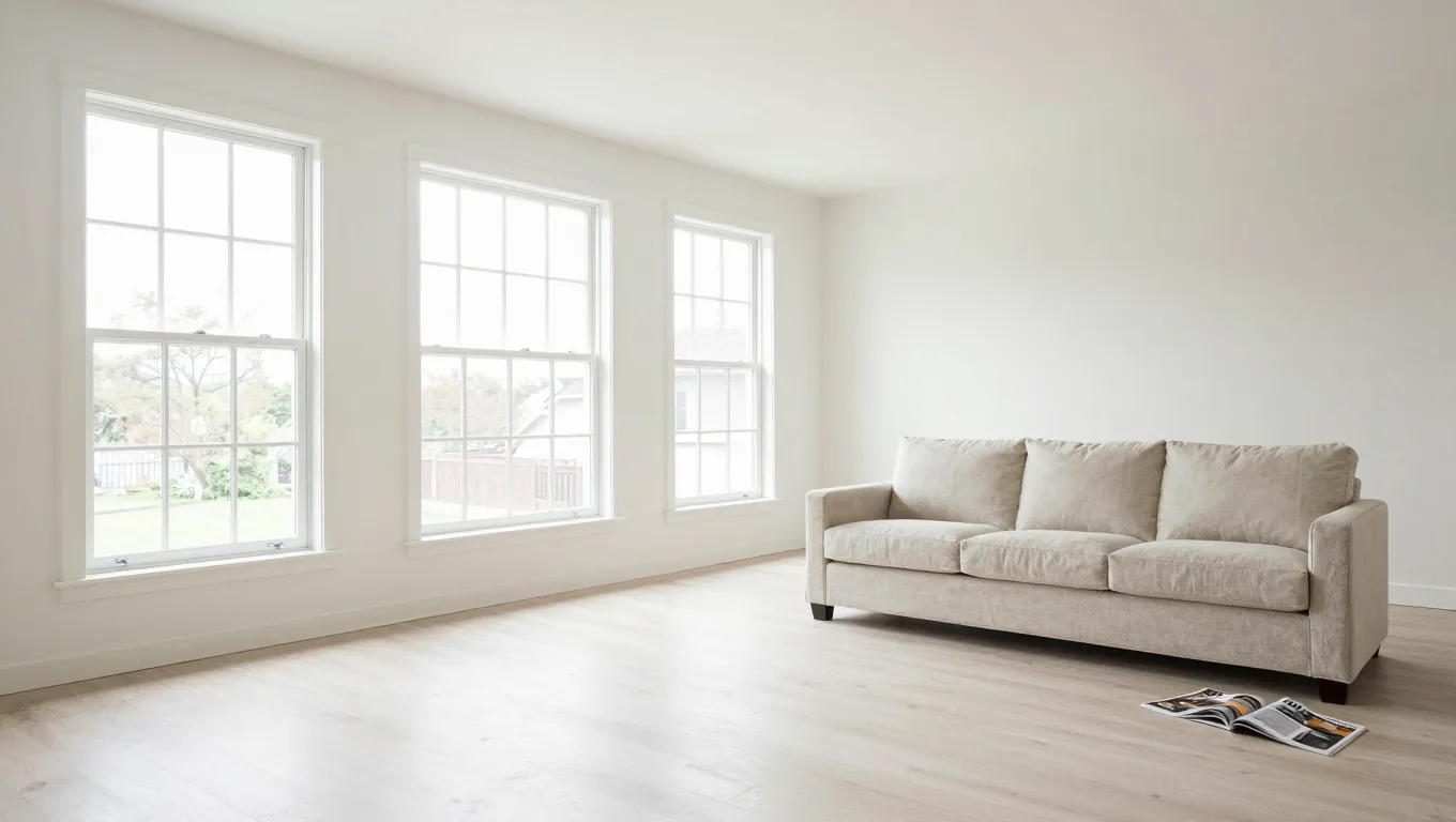 Bright living room with tall windows and white oak floors, photographed for a listing