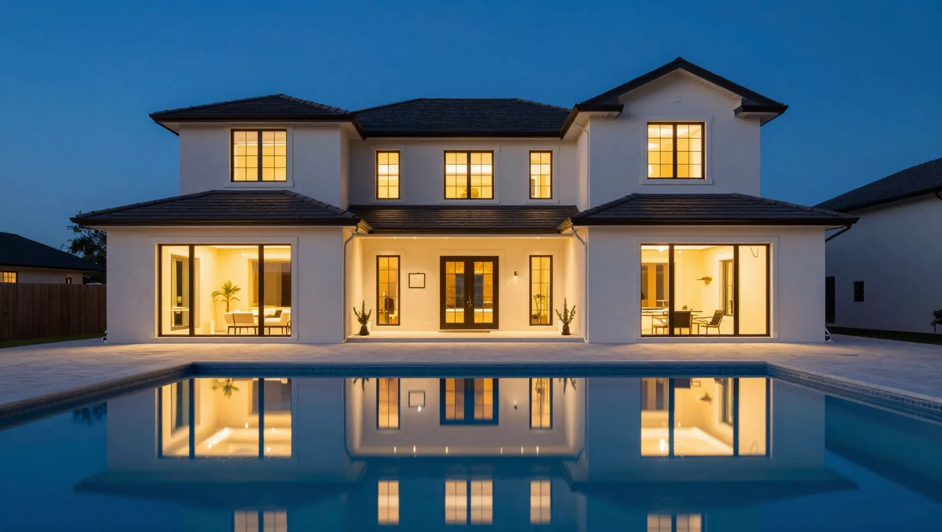 Rear of a luxury home glowing at twilight, reflected in the pool